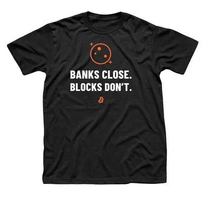 Black t-shirt with an orange full moon and sparkles above Banks Close. Blocks Don't. in white, with a small orange Bitcoin symbol below