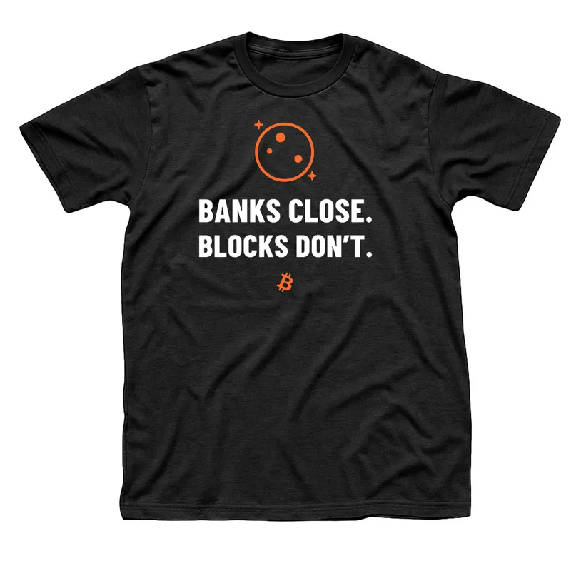 Black t-shirt with an orange full moon and sparkles above Banks Close. Blocks Don't. in white, with a small orange Bitcoin symbol below
