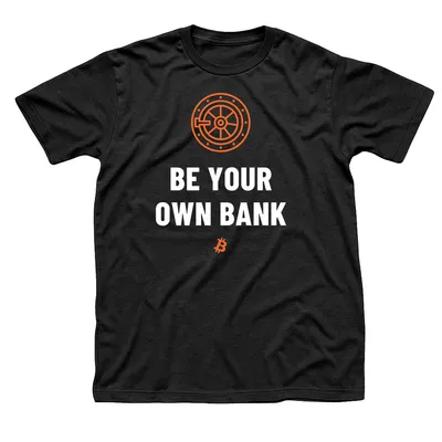 Black t-shirt with an orange round vault door above Be Your Own Bank in white and a small Bitcoin symbol