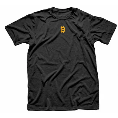 Black t-shirt with a small orange Bitcoin B centered below the collar