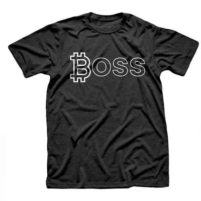 Black t-shirt with BOSS in white outline letters where the B is the Bitcoin symbol