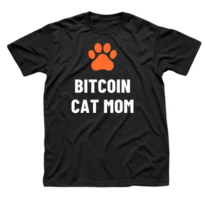 Black t-shirt with an orange paw print above Bitcoin Cat Mom in white capitals
