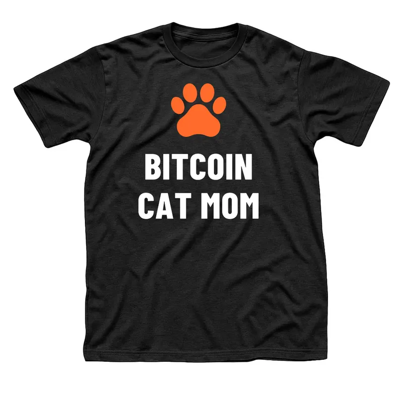 Black t-shirt with an orange paw print above Bitcoin Cat Mom in white capitals