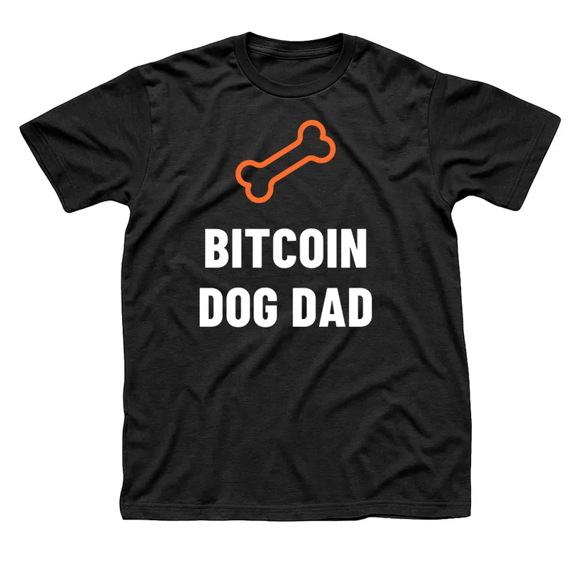 Black t-shirt with an orange dog bone above Bitcoin Dog Dad in white capitals