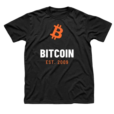 Black t-shirt with a large tilted orange Bitcoin symbol above Bitcoin in white and Est. 2009 in orange
