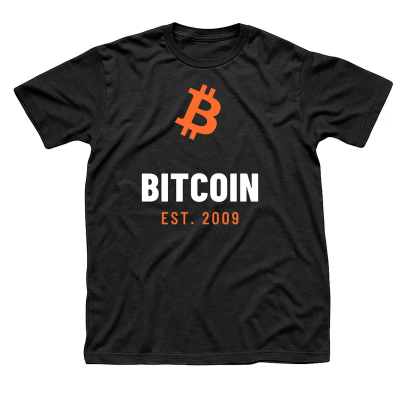 Black t-shirt with a large tilted orange Bitcoin symbol above Bitcoin in white and Est. 2009 in orange