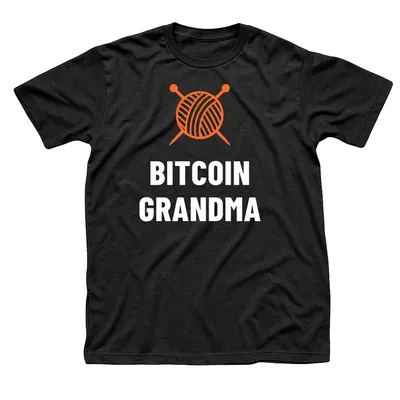 Black t-shirt with an orange ball of yarn and crossed knitting needles above Bitcoin Grandma in white