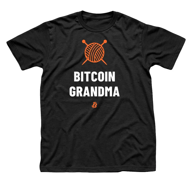 Black t-shirt with an orange ball of yarn and crossed knitting needles above Bitcoin Grandma in white