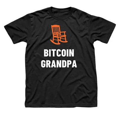 Black t-shirt with an orange wooden rocking chair above Bitcoin Grandpa in white letters