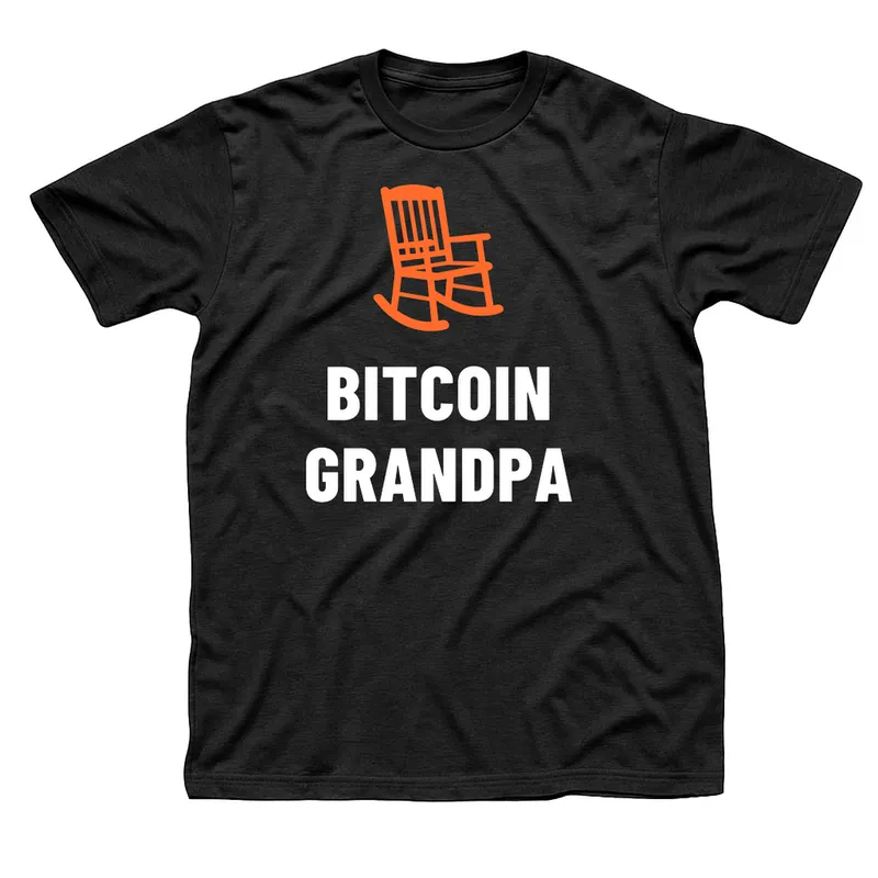 Black t-shirt with an orange wooden rocking chair above Bitcoin Grandpa in white letters