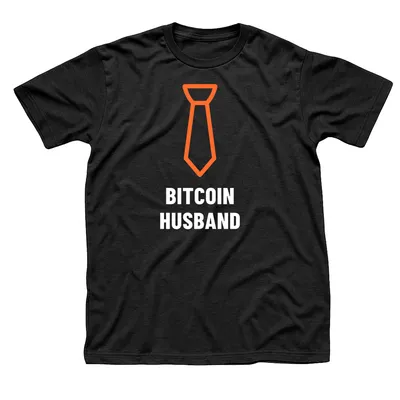 Black t-shirt with an orange outline necktie above Bitcoin Husband in white capitals