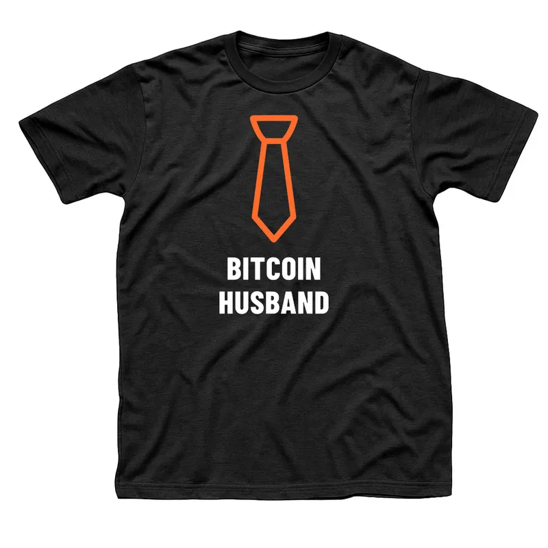 Black t-shirt with an orange outline necktie above Bitcoin Husband in white capitals
