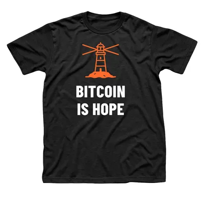 Black t-shirt with an orange lighthouse on a rock sending out light beams above Bitcoin Is Hope in white