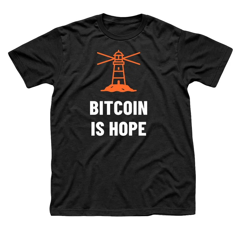 Black t-shirt with an orange lighthouse on a rock sending out light beams above Bitcoin Is Hope in white