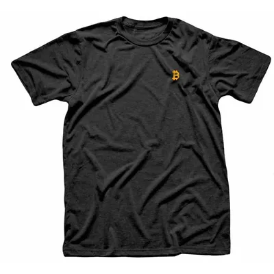 Black t-shirt with a small orange Bitcoin B on the left chest
