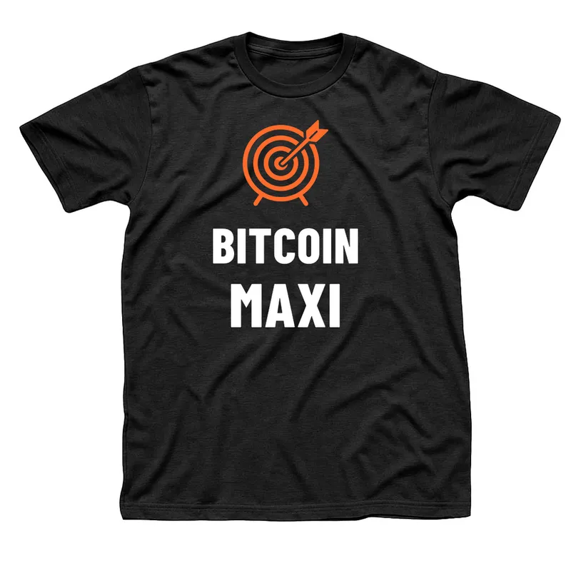 Black t-shirt with an orange archery target with an arrow in the bullseye above Bitcoin Maxi in white