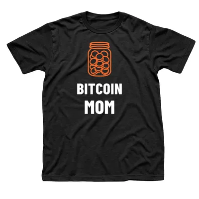 Black t-shirt with an orange glass jar full of coins above Bitcoin Mom in white letters