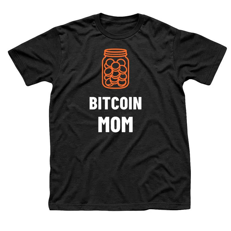 Black t-shirt with an orange glass jar full of coins above Bitcoin Mom in white letters
