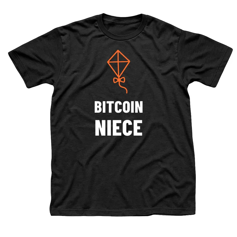 Black t-shirt with an orange paper kite above Bitcoin Niece in white capitals