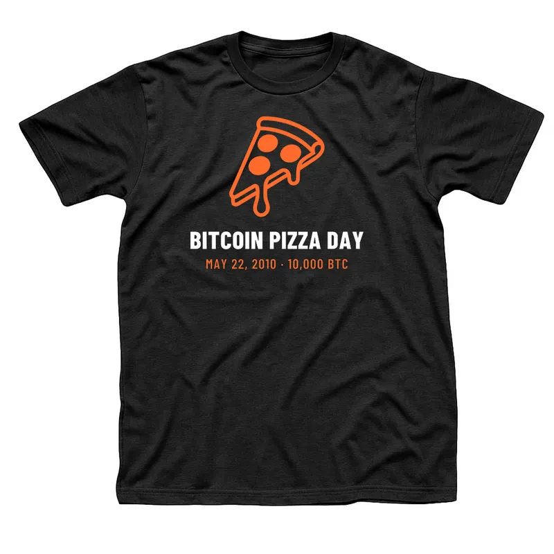 Black t-shirt with an orange pizza slice over Bitcoin Pizza Day and May 22, 2010, 10,000 BTC