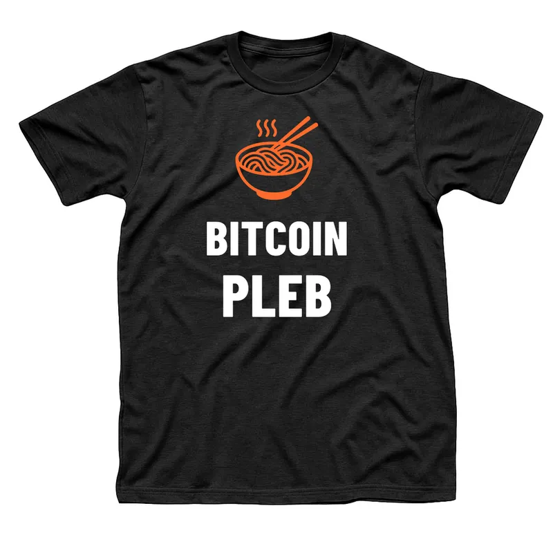 Black t-shirt with an orange steaming ramen bowl and chopsticks above Bitcoin Pleb in white