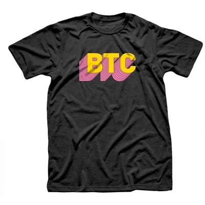 Black t-shirt with BTC in chunky yellow letters and a pink layered shadow