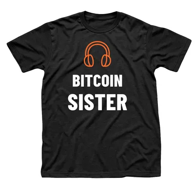 Black t-shirt with an orange pair of over-ear headphones above Bitcoin Sister in white capitals