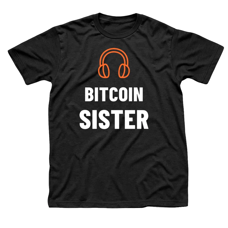 Black t-shirt with an orange pair of over-ear headphones above Bitcoin Sister in white capitals