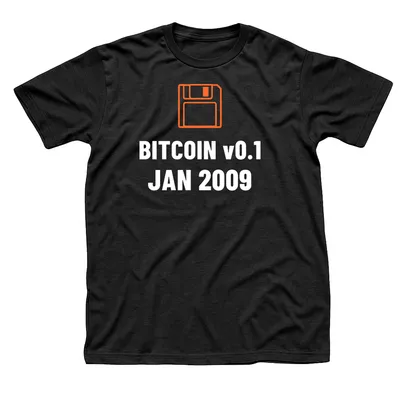 Black t-shirt with an orange floppy disk above Bitcoin v0.1, Jan 2009 in white type