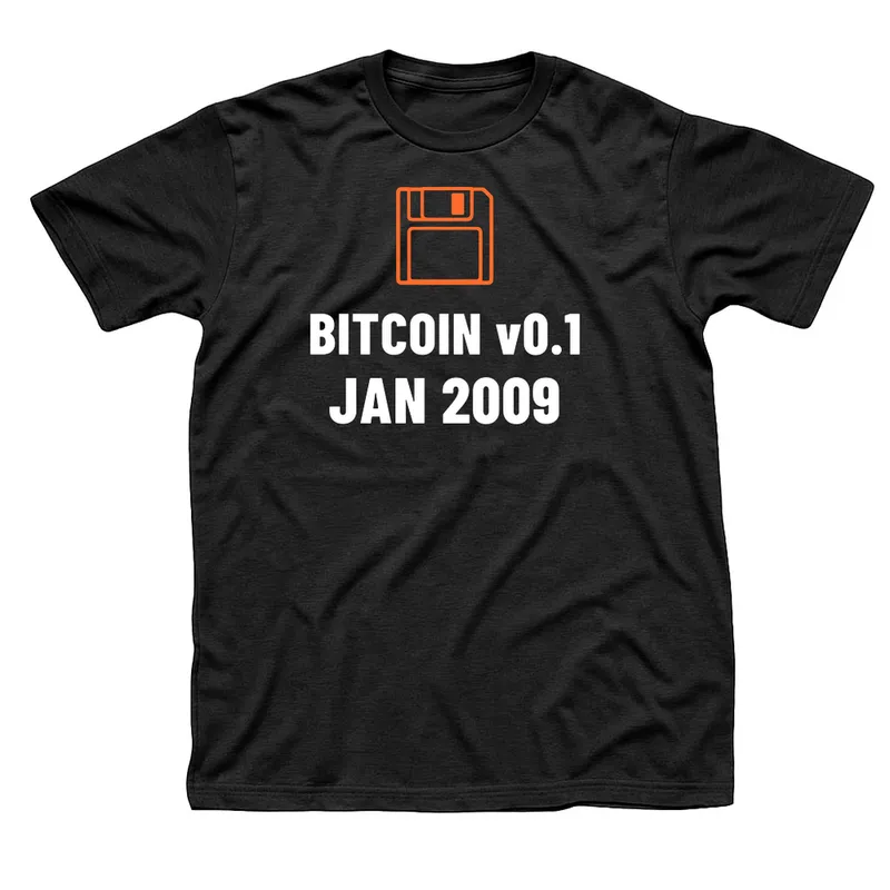 Black t-shirt with an orange floppy disk above Bitcoin v0.1, Jan 2009 in white type