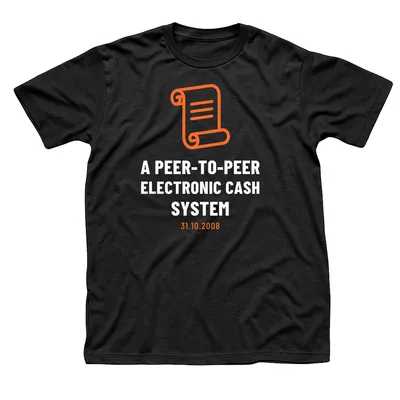 Black t-shirt with an orange paper scroll over A Peer-to-Peer Electronic Cash System and 31.10.2008