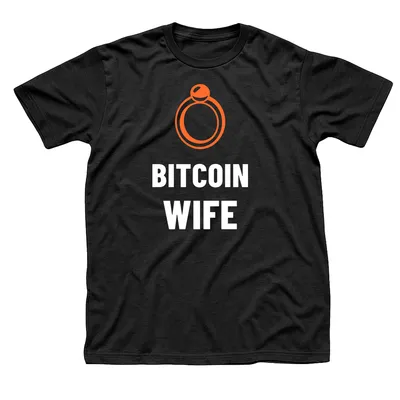 Black t-shirt with an orange wedding ring with a round stone above Bitcoin Wife in white