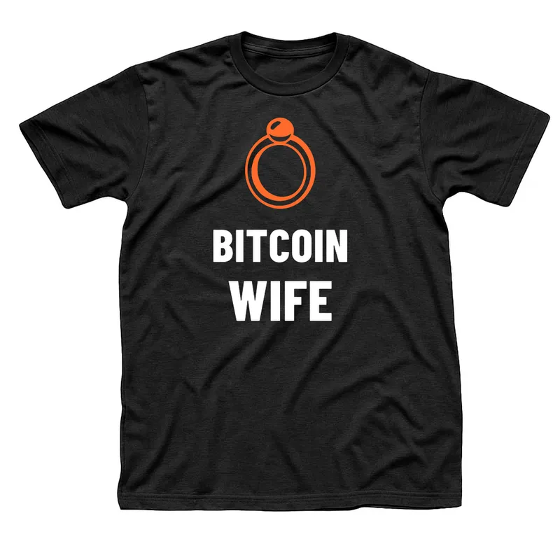 Black t-shirt with an orange wedding ring with a round stone above Bitcoin Wife in white