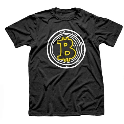 Black t-shirt with a large yellow Bitcoin B inside hand-drawn white rings