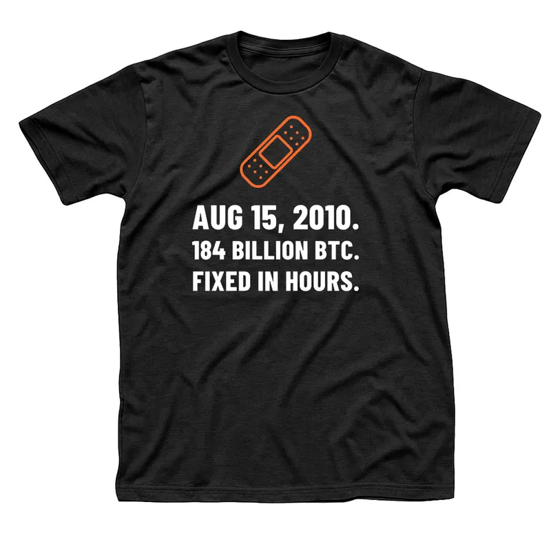 Black t-shirt with an orange adhesive bandage above Aug 15, 2010, 184 Billion BTC, Fixed in Hours in white capitals