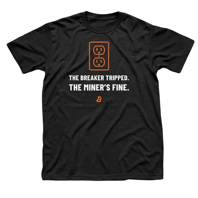 Black t-shirt with an orange wall outlet above The Breaker Tripped. The Miner's Fine. in white capitals and a small orange Bitcoin symbol below