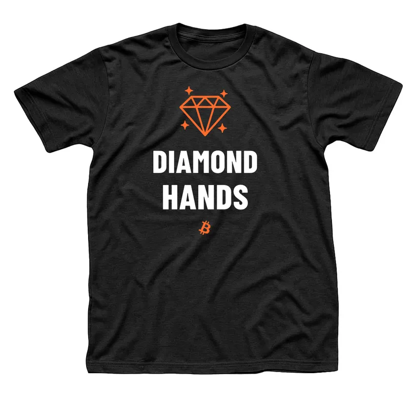Black t-shirt with a sparkling orange diamond above Diamond Hands in white and a small Bitcoin symbol