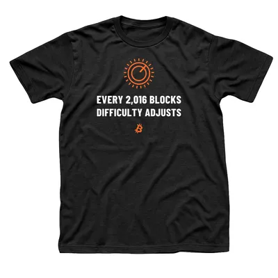 Black t-shirt with an orange round dial above Every 2,016 Blocks, Difficulty Adjusts in white capitals and a small orange Bitcoin symbol below