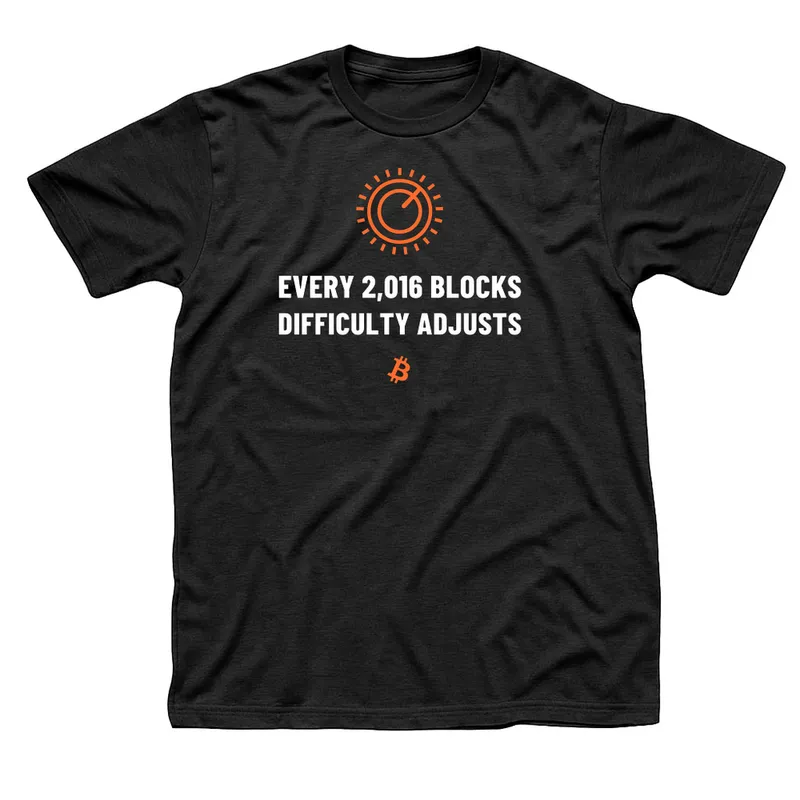 Black t-shirt with an orange round dial above Every 2,016 Blocks, Difficulty Adjusts in white capitals and a small orange Bitcoin symbol below