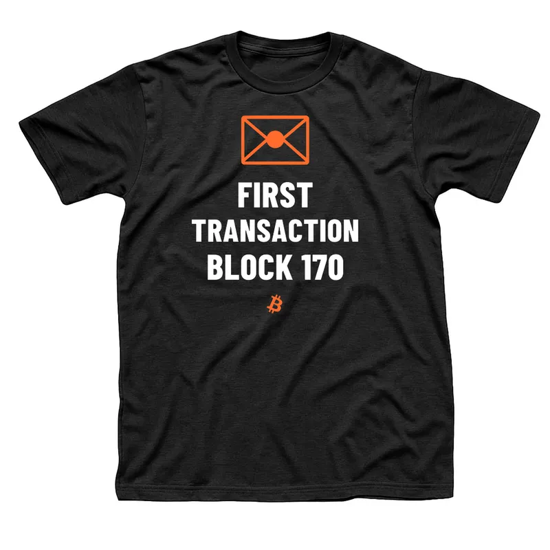 Black t-shirt with an orange sealed envelope above First Transaction Block 170 in white, with a small orange Bitcoin symbol below