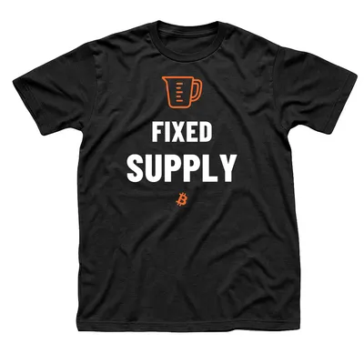 Black t-shirt with an orange measuring cup above Fixed Supply in white capitals and a small orange Bitcoin symbol below