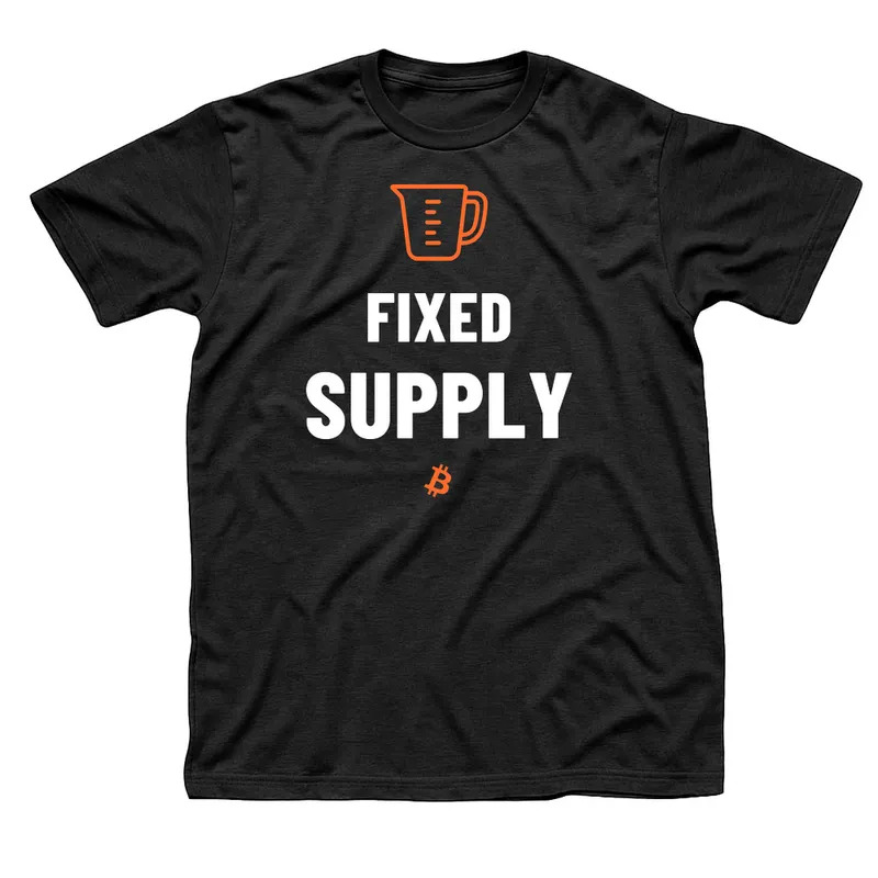 Black t-shirt with an orange measuring cup above Fixed Supply in white capitals and a small orange Bitcoin symbol below