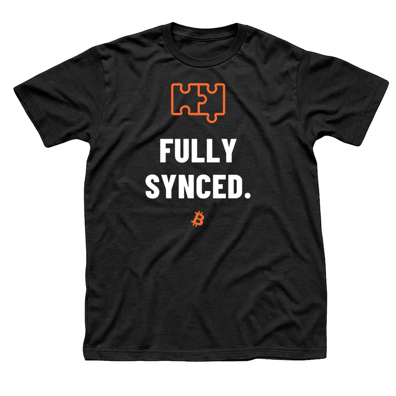 Black t-shirt with two interlocking orange puzzle pieces above Fully Synced in white capitals and a small orange Bitcoin symbol below
