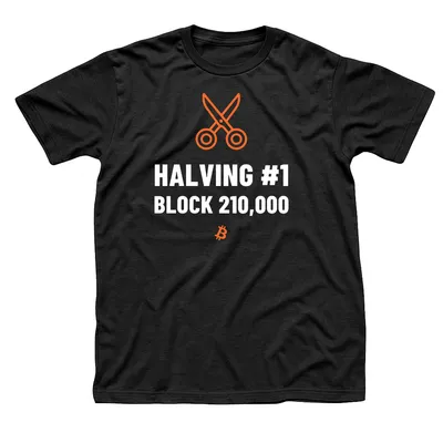 Black t-shirt with orange open scissors above Halving 1, Block 210,000 in white capitals and a small orange Bitcoin symbol below