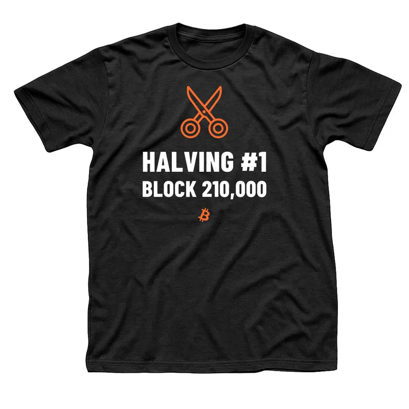 Black t-shirt with orange open scissors above Halving 1, Block 210,000 in white capitals and a small orange Bitcoin symbol below