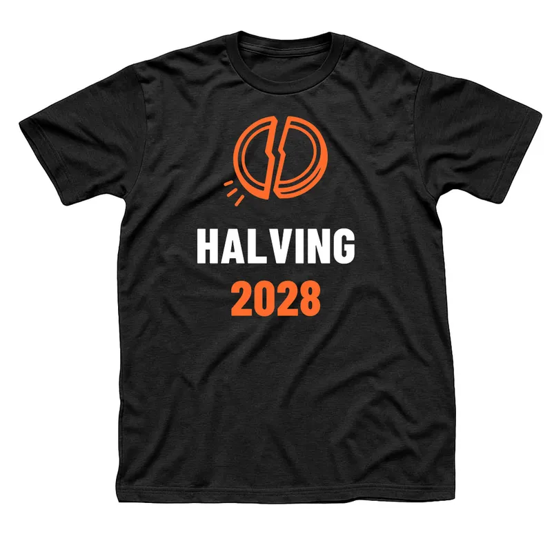 Black t-shirt with an orange coin split in two above Halving in white and 2028 in orange