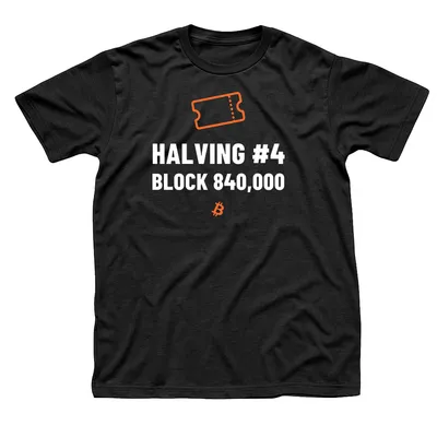 Black t-shirt with an orange ticket stub above Halving #4 Block 840,000 in white, with a small orange Bitcoin symbol below