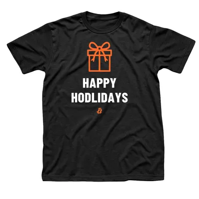 Black t-shirt with an orange wrapped gift box over Happy HODLidays in white and a small orange Bitcoin symbol