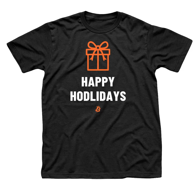 Black t-shirt with an orange wrapped gift box over Happy HODLidays in white and a small orange Bitcoin symbol