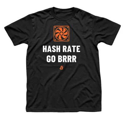 Black t-shirt with an orange computer fan above Hash Rate Go Brrr in white, with a small orange Bitcoin symbol below